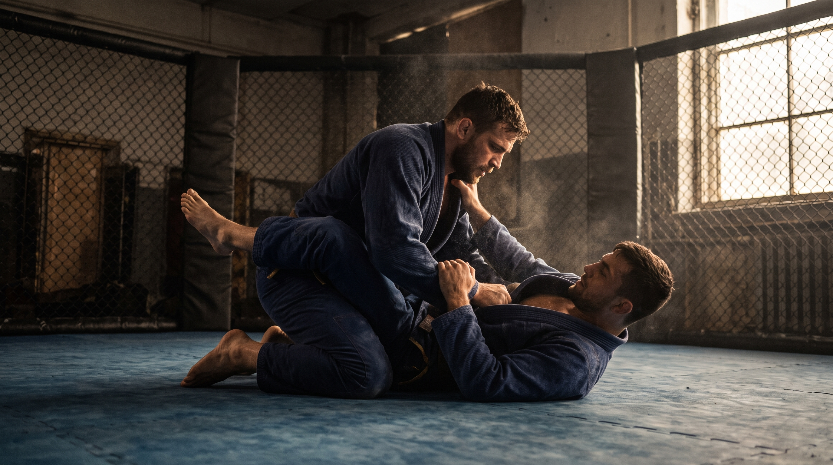 Zwei Kampfsportler beim BJJ-Grappling in einem Gym neben einem MMA-Käfig