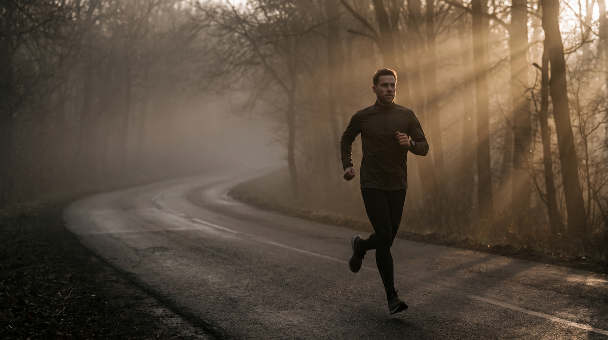 Läuferin bei Sonnenaufgang auf leerer Straße im Marathon-Training
