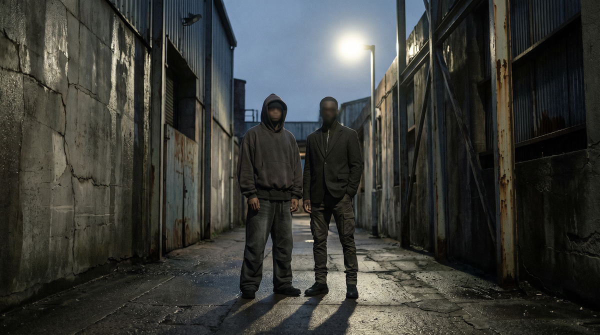 Zwei kontrastierende Streetwear-Silhouetten, Oversized-Hoodie neben Slim-Fit-Outfit, urbaner Hintergrund