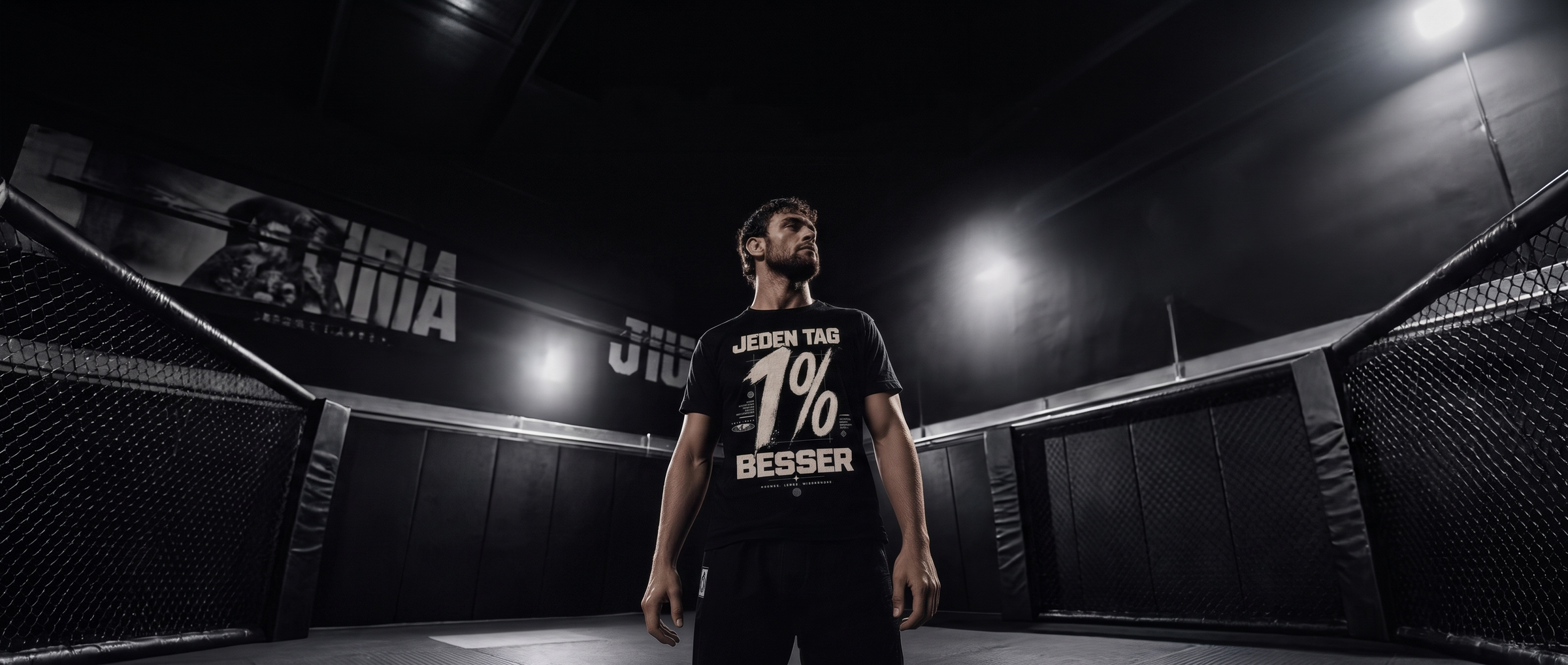 Mann trägt schwarzes T-Shirt Jeden Tag 1% Besser BJJ Jiu-Jitsu von Black Ursus, breites Hero-Format