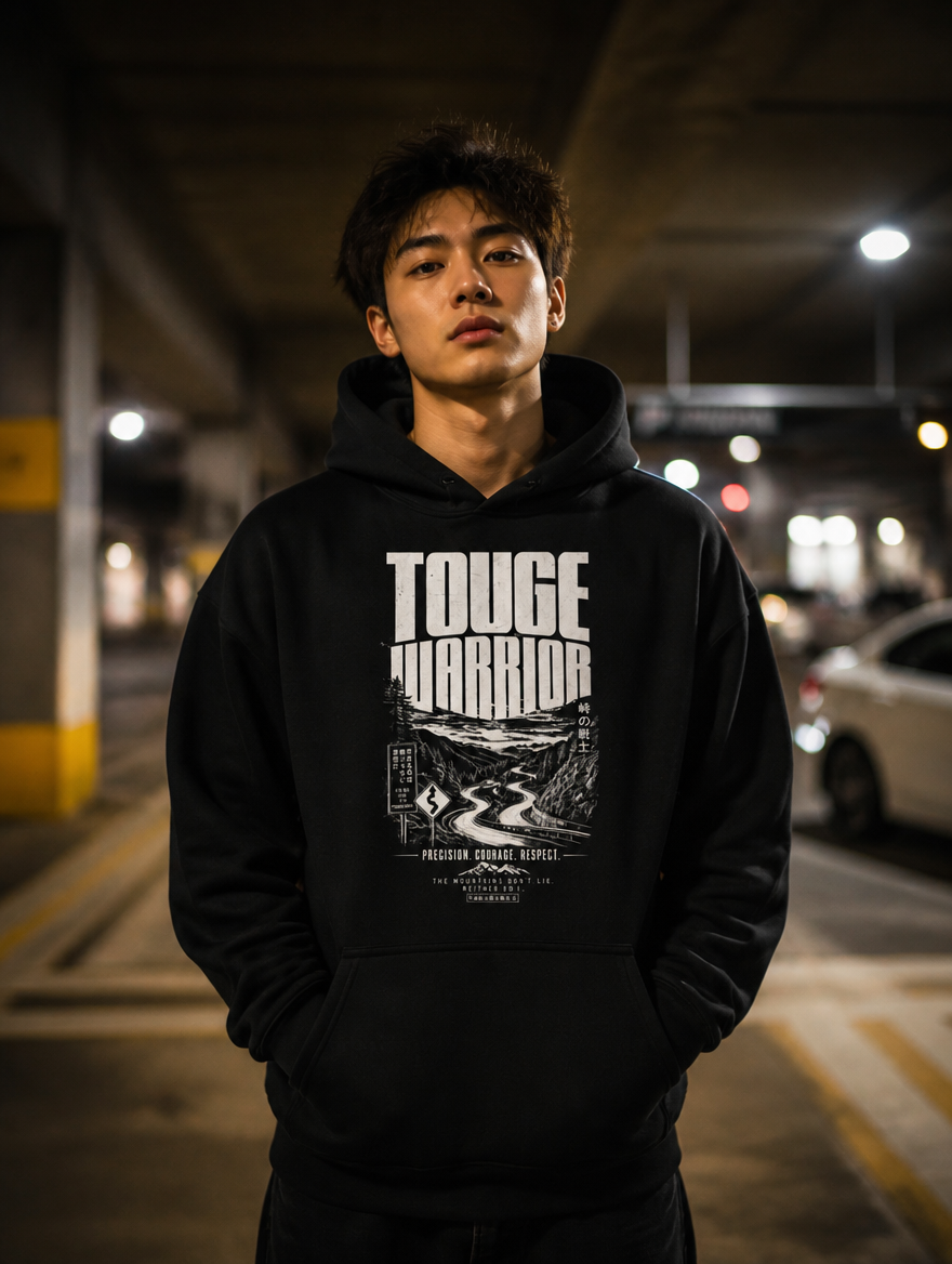 Hoodie Touge Model getragen von vorne, JDM Print sichtbar