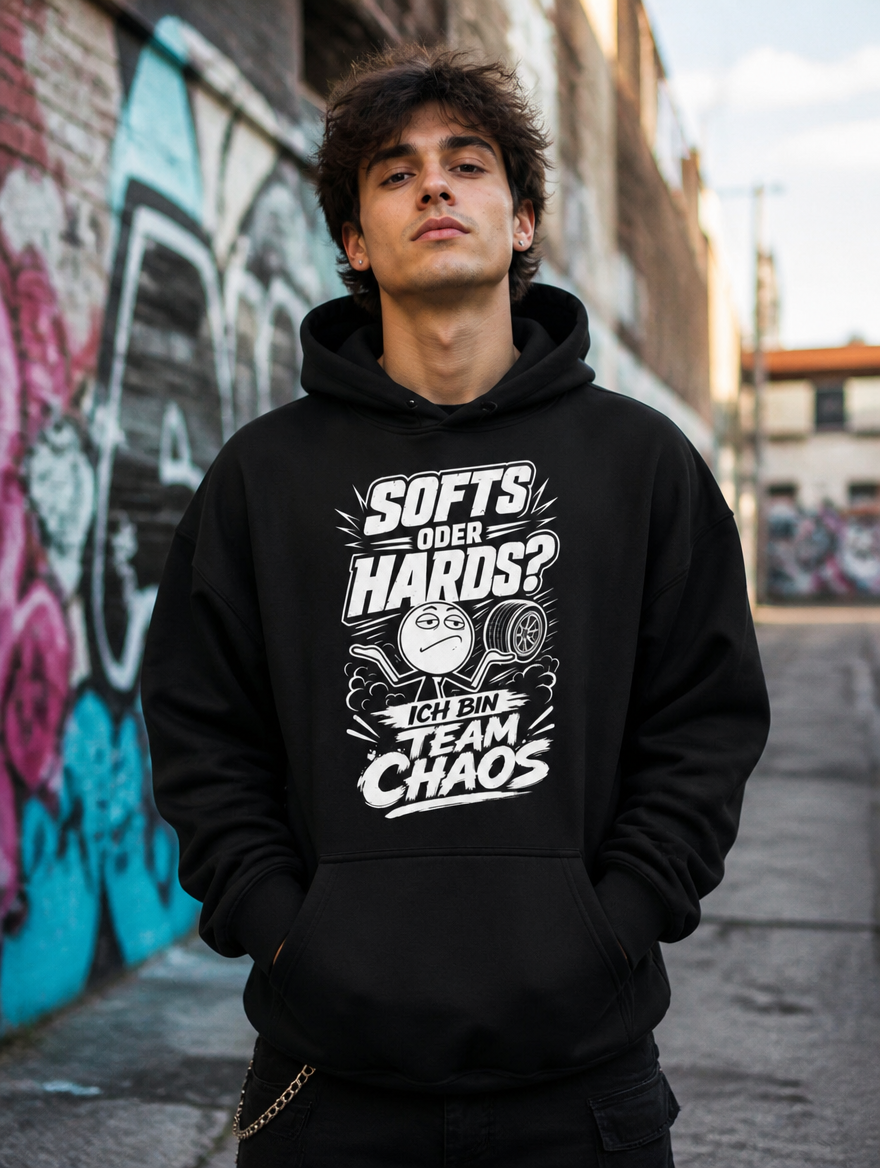Hoodie Team Chaos Model getragen von vorne, Urban Streetwear Print sichtbar