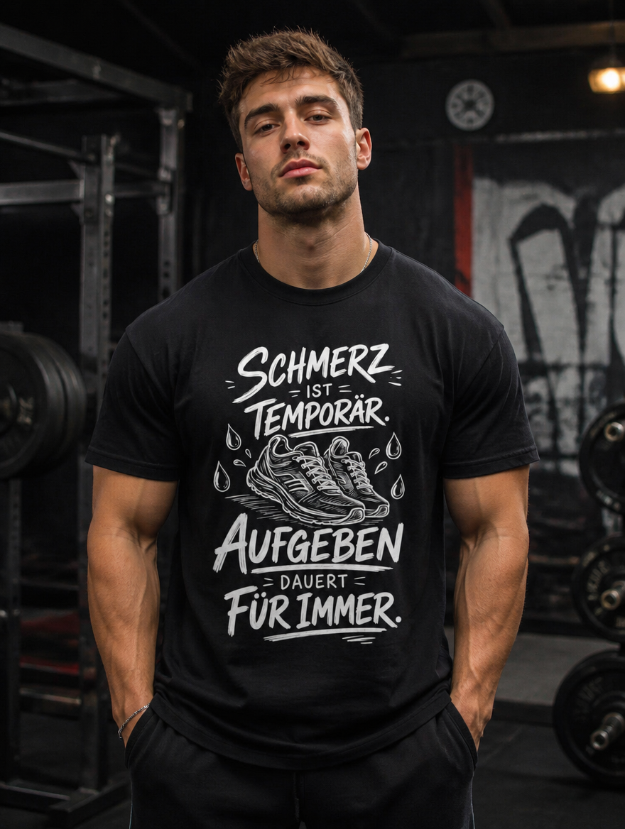 T-Shirt Schmerz Model getragen von vorne, Gym Bodybuilding Print sichtbar